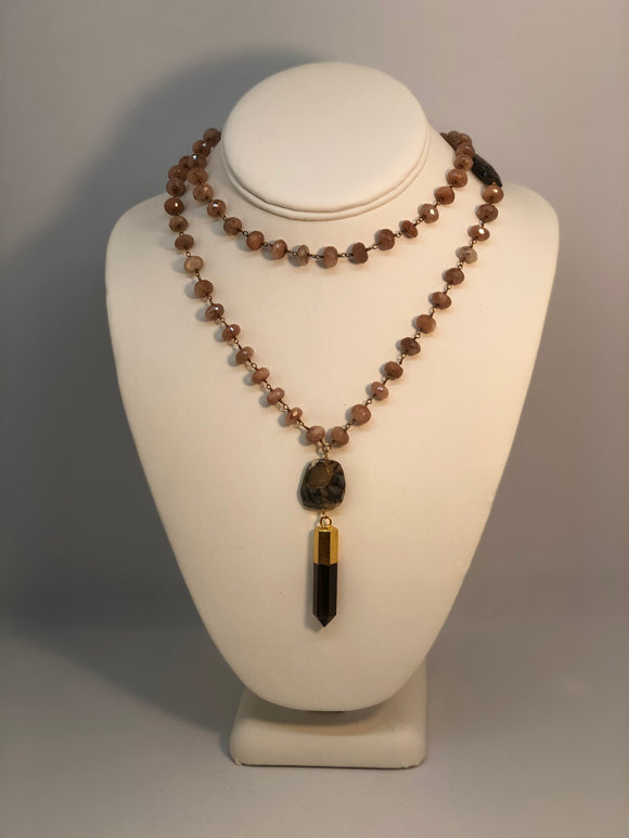 Pink Moonstone Wire Wrap Necklace with Dendritic Opals & Quartz Point