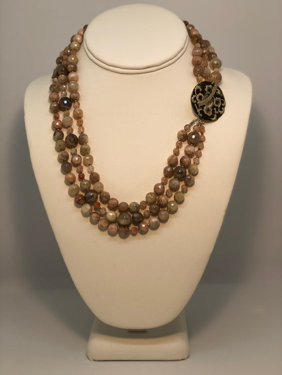 Pink Moonstone 3-Strand Necklace with Sterling Beads & White Bronze Toggle